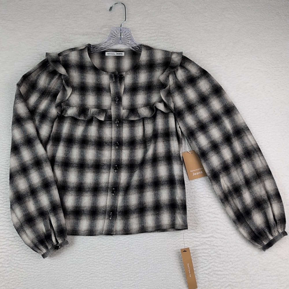 REFORMATION Jeans Aya Top Night Sky Flannel Relaxed Fit Button Down Blouse SZ XS - Picture 2 of 6